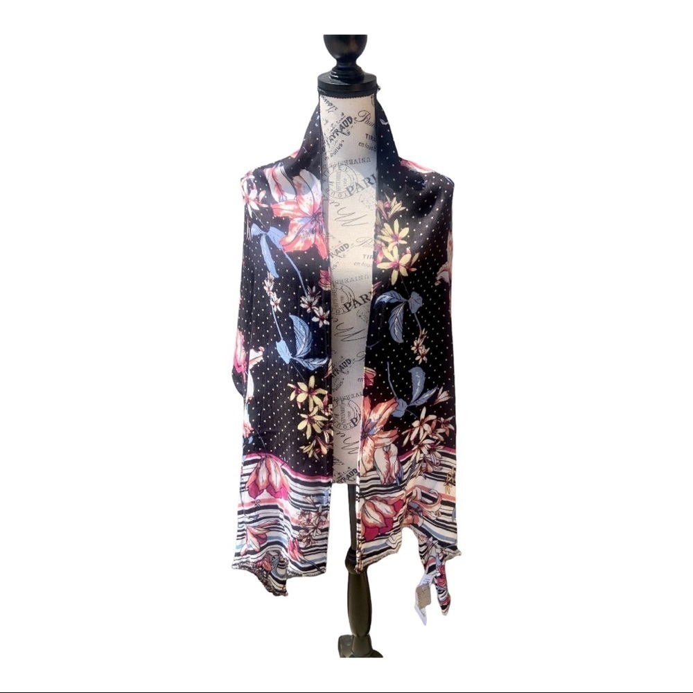 Liz Claiborne Black Floral Scarf with Blue and Pink Accents
